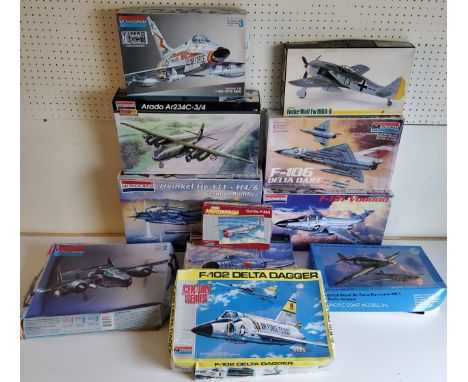 Ten boxed aircraft model kits; Monogram Heinkel He111, #5471 F-100D Super Sabre, #85-5979 Arado Ar234C, etc (unchecked) 