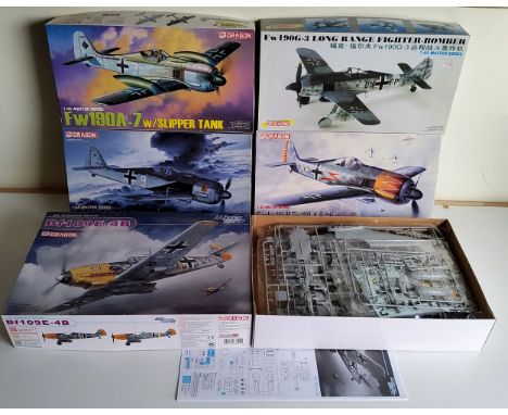 Five boxed Dragon 1/48 scale Luftwaffe aircraft kits; #3225 BF109E-4B, #5506 Fw190A-5, #5545 FW190A-7, #5514 Fw190A-8/R-11 an