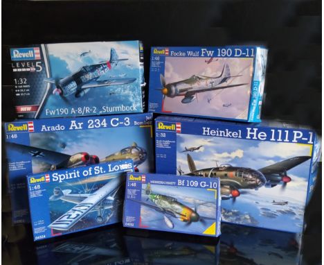 Six boxed Revell German Aircraft Model Kits; #04501 Arado AR 234, #04696 Heinkel He 111P-1, #03874 FW190 A-8/R-2, #04524 Spir