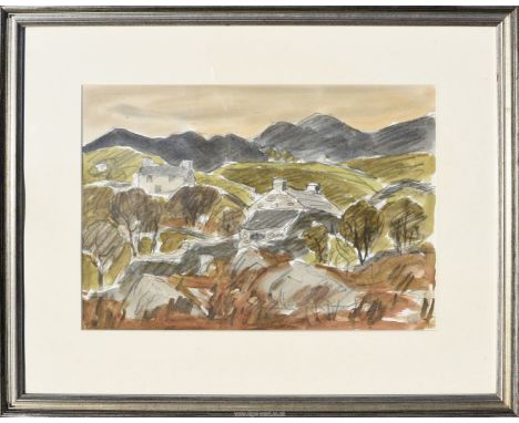 SIR KYFFIN WILLIAMS RA a framed Watercolour and mixed media painting, ably portraying slate roofed Cottages amidst a rugged l