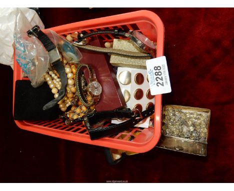 A quantity of costume jewellery including bead necklaces, silver Jasperware ring, watches, silver cased watch etc.