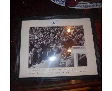 SOLD IN TIMED AUCTION A framed photographic print of Ray Paul with the FA Cup in 1956 after Manchester City's 3-1 victory ove