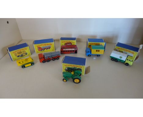 Six Matchbox Series Diecast Models, Nos 50, 8, 10, 56, 60 and 25 - some wear to tractor, tram bus and office truck - the rest