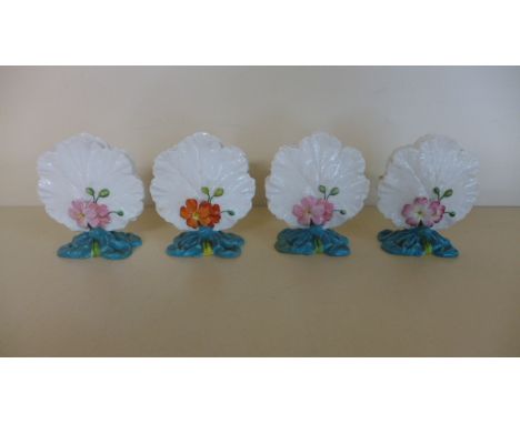 Four Victorian Ceramic Menu Holders in the form of Flowers and Leaves -one with a very minor chip - and one with larger chip 