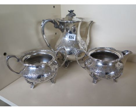 Three piece silver plated tea set - Heavily engraved - Teapot, sugar, and cream 