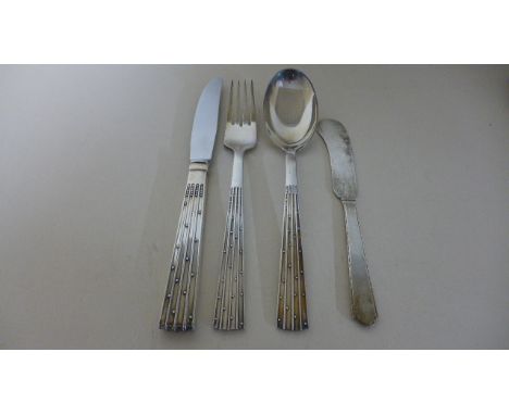 Danish silver knife, fork and spoon with a sterling silver butter knife, weighable silver 4 troy oz 