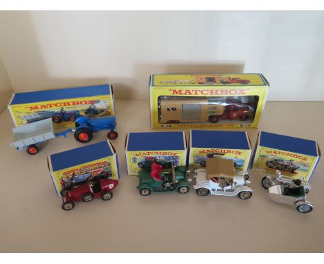 Four boxed Matchbox Models of Yesteryear Y2, Y-4, Y-6, Y-8, a boxed K-11 Tractor and Trailer and a boxed K-18 Horse Van - all