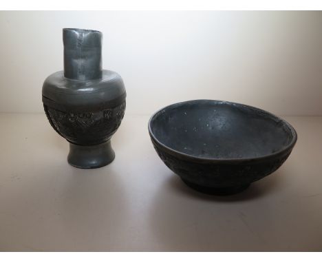 An Oriental metal mounted carved coconut dish and a flask - Height 13cm - both with damage, in need of restoration 