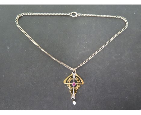 An 18ct Yellow and White Gold Pendant set with Ruby and Diamonds with Pearl Drop on a presumed 9ct Gold Chain - in general go