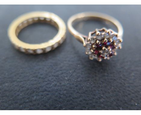 A 9ct Yellow Gold Diamond and Ruby Cluster, Ring Size M-N and a presumed 9ct Eternity Ring, size J, approx 4.2 grams 