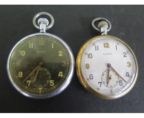 Two Cyma Military Issue Open Faced Pocket Watchs - one with white enamel dial and Arabic numerals, subsidiary seconds at 6 O'