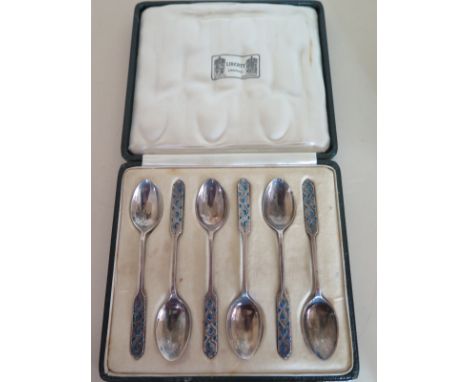 A set of Liberty and Co silver and enamel teaspoons, Birmingham 1937/38, approx. 2.6 troy oz with Oriental Box, some usage bu