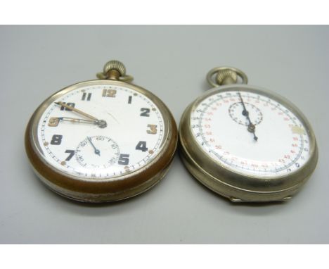 A military issue pocket watch with enamel dial and a stop watch 