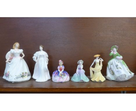 Six figures of ladies; two Royal Doulton, Monica and Joanne, three Coalport; Fascination, Chantilly Lace Demure and April and