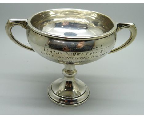 A silver trophy with inscription, ''City of Nottingham Lenton Abbey Estate Best Cultivated Garden, 1937 H. Scotcher'', 113g 
