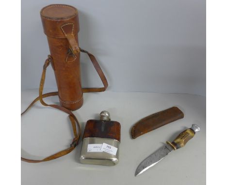 A leather flask, a silver plated and leather hip flask and an antler handled sheath knife 