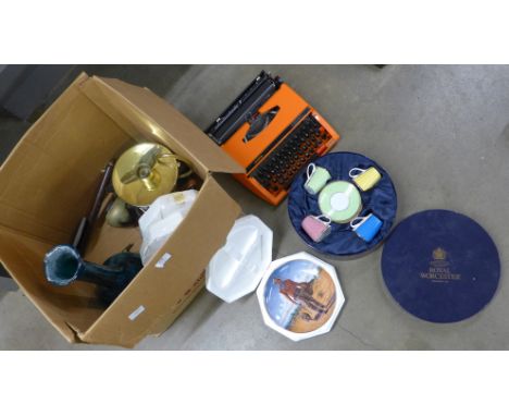 Assorted items; a Royal Worcester cup and saucer set, a Brother typewriter, commemorative plates, metalware, etc.  **PLEASE N