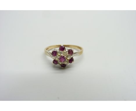 A 9ct gold, ruby and white stone ring, 2.1g, P 