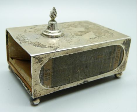 A silver match box holder with flame finial, Sheffield 1906 