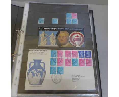 Stamps; an album of GB Machins in sheets, singles, booklets (including £1 Wedgwood and two single ½p side bands) on first day