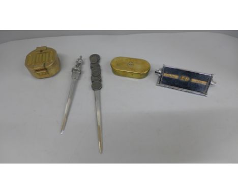 A Stanley compass, tobacco box, letter opener and desk calendar 