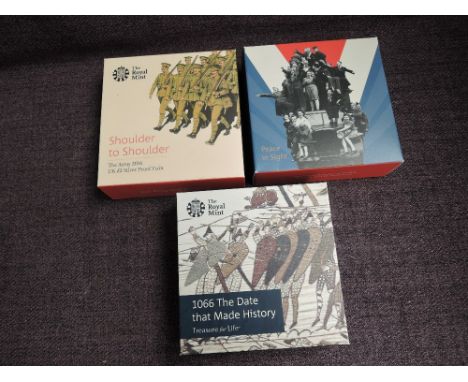 Three Royal Mint Silver Proof Coins, 2016 Shoulder to Shoulder The Army £2, 2016 950th Anniversary of the Battle of Hastings 