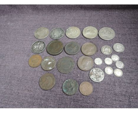 A small collection of Coins including Australian 1937 Crowns x3, USA 1922 Dollar, 1780 Austria Theresa, 1797 Cart Wheel, 1854