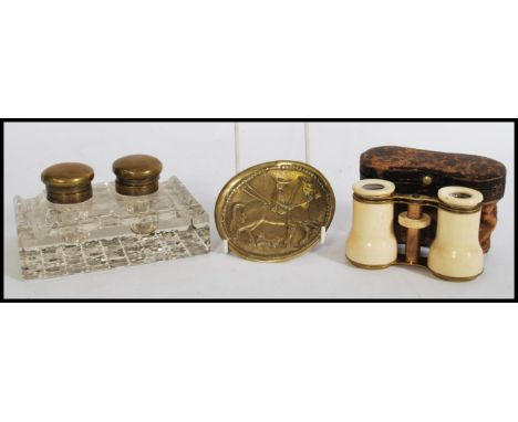 A collection of vintage items to include a cut glass and brass twin capstan inkwell, pair of ivorine binoculars in case and a