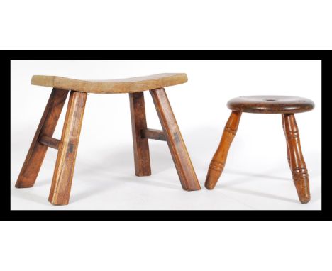 A&nbsp; Chinese elm stool&nbsp;with a rectangular top on splayed legs together with a milking stool with circular top on turn