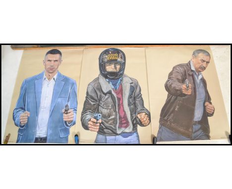 A set of four contemporary vintage style PJL Targets, Belgium / Flemish police firing range posters, each poster featuring an