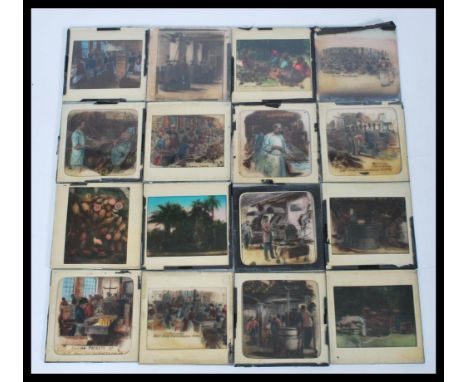 A rare collection of Fry's pure concentrated cocoa magic lantern slides featuring images of chocolate making in factories and