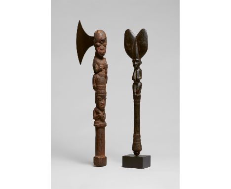 YORUBA AXE AND SHANGO STAFF, Aringo jagun and oshe Shango47 and 44.5 cm. highProvenanceCollected in the late 1960s by Willem 