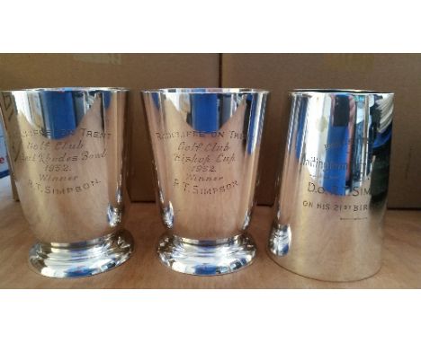 CRICKET, two silver-plated tankards presented to R T Simpson (Notts), by Radcliffe on Trent Golf Club (Notts), Bishop Cup Win