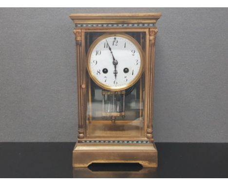A 19TH CENTURY FRENCH BRASS AND CLOISONNE MANTLE CLOCK WITH ENAMEL ARABIC DIAL AND BEVELLED GLASS PANELS NO 342848 27CM