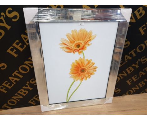 A GLASS OVERLAY PRINT OF ORANGE FLOWERS 77.5 X 58CM