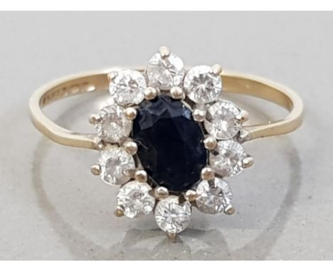 9CT GOLD SAPPHIRE AND CZ RING, 1.5G SIZE M