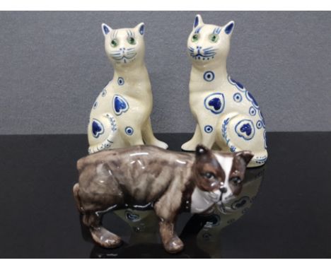 CERAMIC CATS ONE MANX BY RUSHTON ISLE OF MAN AND A PAIR OF EMILE GALLE STYLE WITH GLASS EYES 14.5CM HIGH