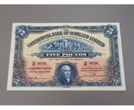 COMMERCIAL BANK OF SCOTLAND LTD 5 POUNDS BANKNOTE DATED 20-11-1937, SERIES 14/M 34736, PICK S328B, SMALL MARKS, PRESSED VF