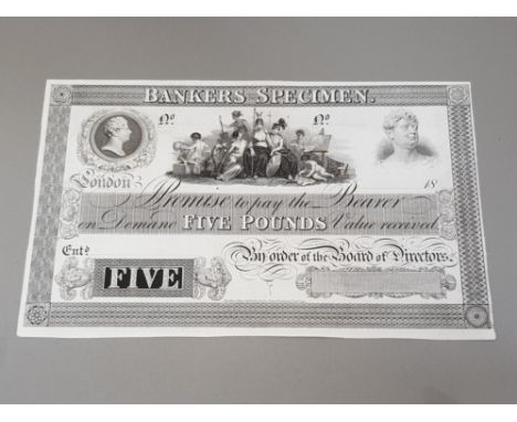 BANKERS SPECIMEN PROOF 5 POUNDS BANKNOTE DATED 18XX, 18834-52, WILLIAM IV VIGNETTE, PRINTED BY PERKINS, BACON AND PETCH, LIGH