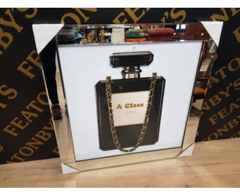COLOUR PRINT OF A PERFUME BOTTLE WITH GLITTER AND DIAMONTE DECORATION TO GLASS 68.5 X 68.5CM