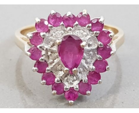 LARGE 9CT GOLD RUBY AND DIAMOND HEART SHAPED RING, 3.4G SIZE N