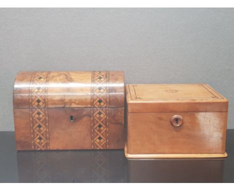 ANTIQUE INLAID WALNUT TEA CADDY TOGETHER WITH LIGHT OAK TEA CADDY SAS