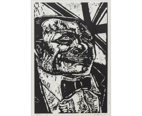 * PETER HOWSON OBE (SCOTTISH b 1958), GAINES THE MANAGER woodblock, signed and dated '89 in pencil, titled on handwritten lab