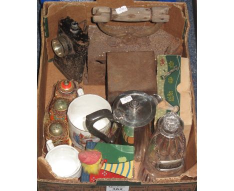 Box of assorted items to include: Tala icing set in original box; Japanese condiment set; decanter and stopper with silver sh