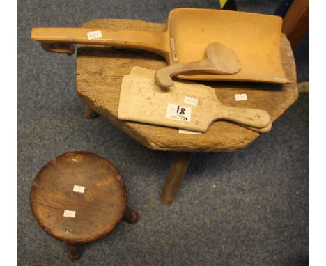 Softwood milking stool, tiny circular four legged stool and sycamore scoop, pair of beech butter pats and carved wooden spoon