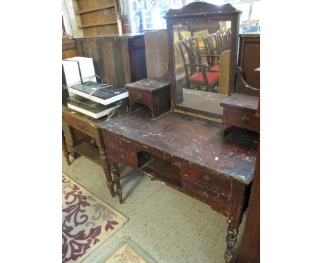 Edwardian pine single drawer washstand with under shelf, together with a similar stained pine, mirror backed dressing table. 