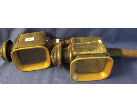 Pair of vintage brass and japanned metal carriage lamps with bevelled glasses. (2)(B.P. 24% incl. VAT)