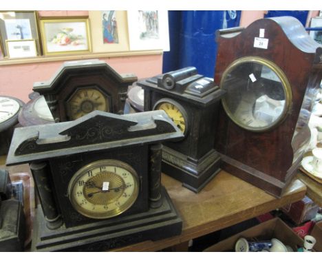 19th Century mahogany bracket clock, case only, an American mantel clock and two Victorian wooden architectural mantel clocks