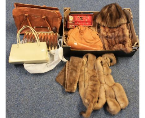 Box of vintage bags and vintage fur items to include: faux crocodile skin holdall with 'Paul Costelloe' label;  diamond patte