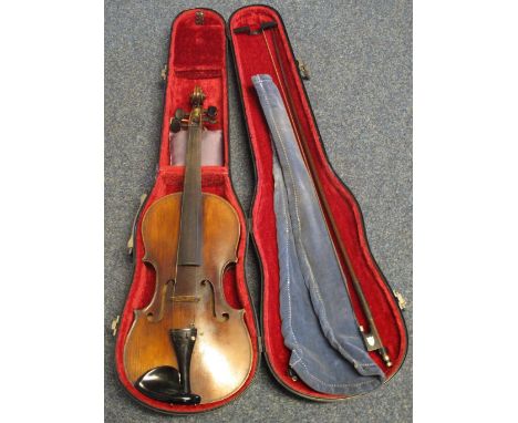 19th Century violin bearing label: 'Montegarza, Milan', one piece back, 35cm. In modern fitted case, with bow. (B.P. 24% incl